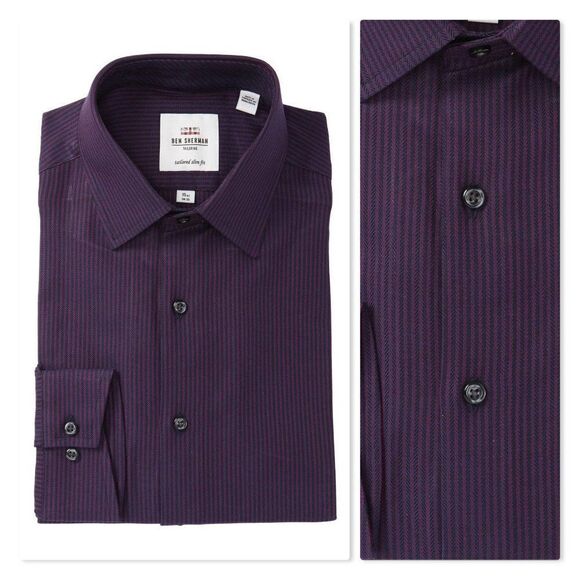 Ben Sherman Textured Stripe Slim Fit Dress Shirt size 17.5in Burgundy - NEW - Picture 1 of 6